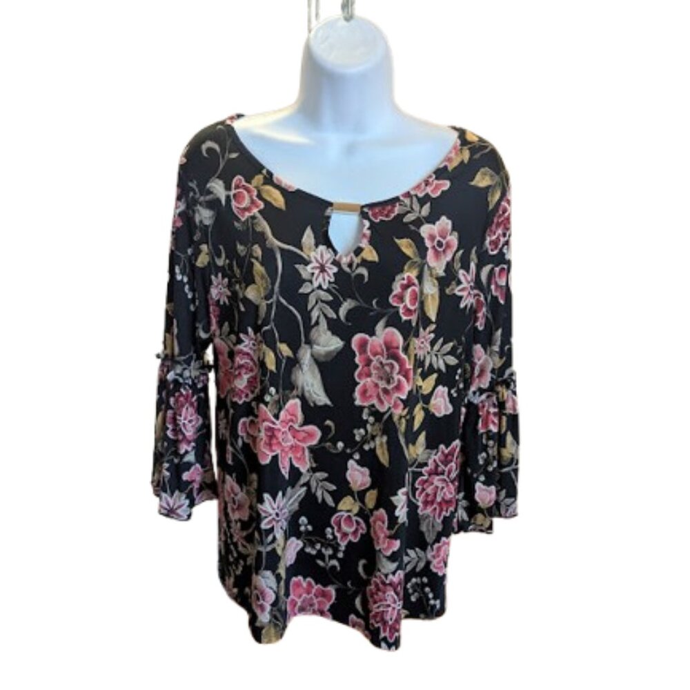 Black and Pink Blouse with Bell Sleeves Size Medium